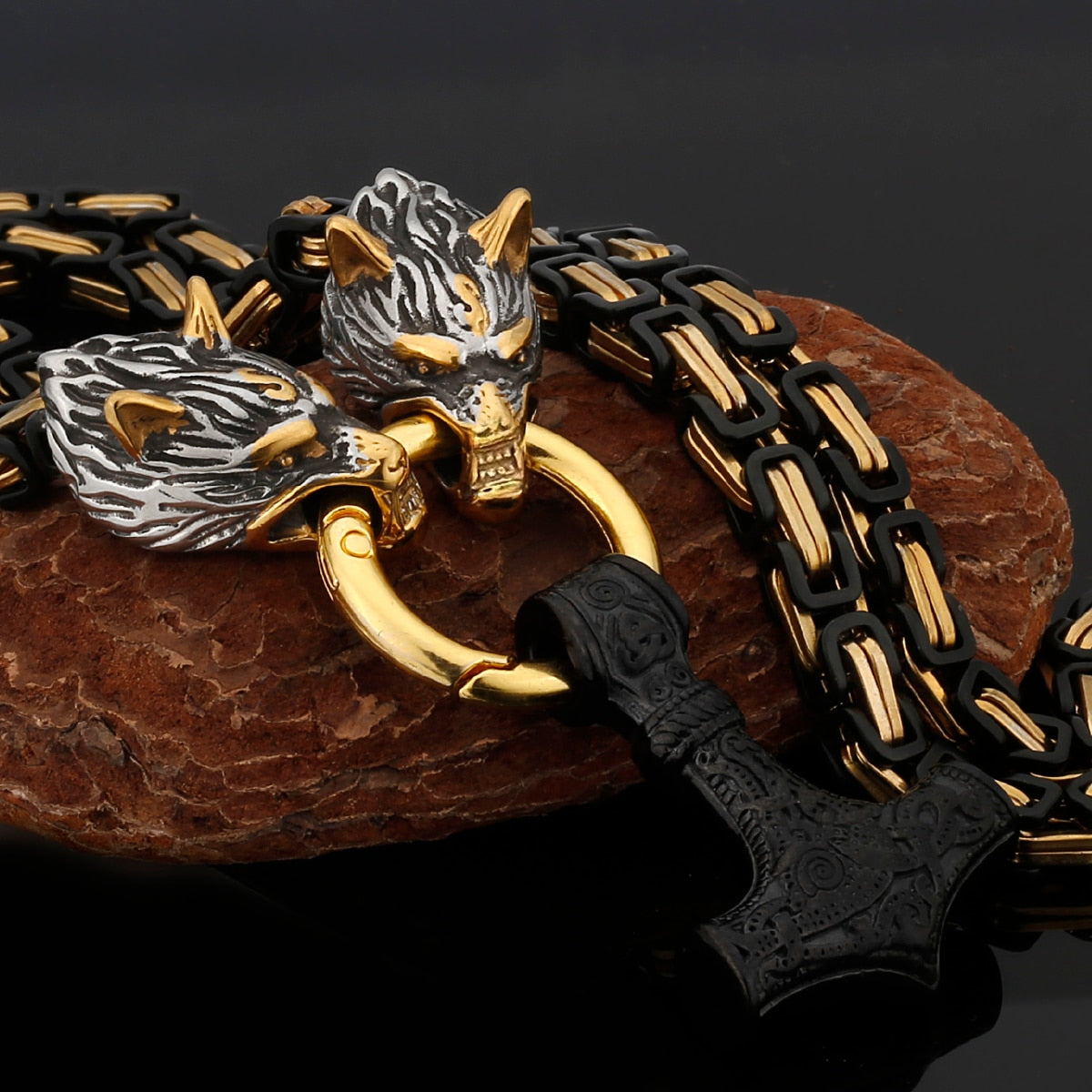 Thors Hammer Mjölnir Edelstahl Halskette Königskette schwarz gold Wikingerschmuck