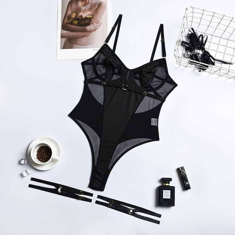 Damen Sexy Spitze Dessous Bodysuit Babydoll Reizwäsche Body Unterwäsche Schwarz