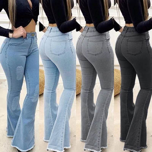 Damen Jeans Hose Bootcut Hüftjeans Schlaghose Flared Weites Bein Denim Stretch