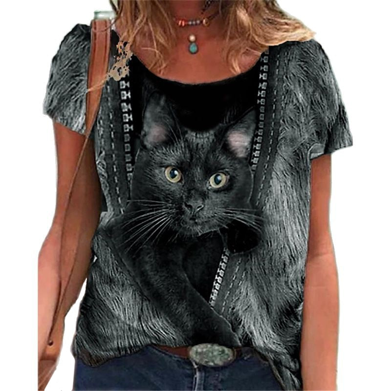 Damen Sommer Top 3D Katzen T-Shirt Rundhals  Streetwear lockeres Damentop