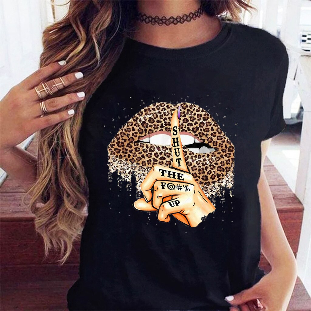 Damen Sommer Top 3D Leopard Kiss T-Shirt Rundhals Streetwear Damentop