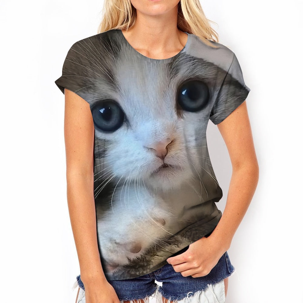 Damen Sommer Top 3D Katzen T-Shirt Rundhals Streetwear lockeres Damentop
