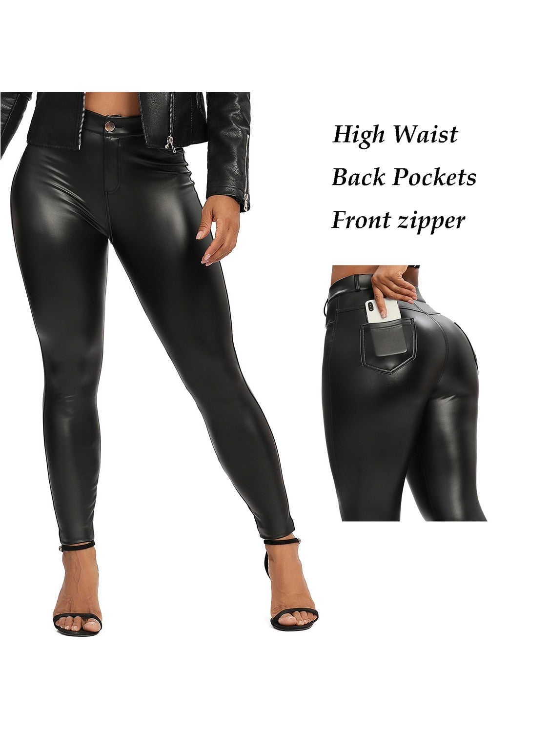 Damen Fashion Leggings Push Up Leggins Hose PU Lederhose mit Reißverschluss Sexy