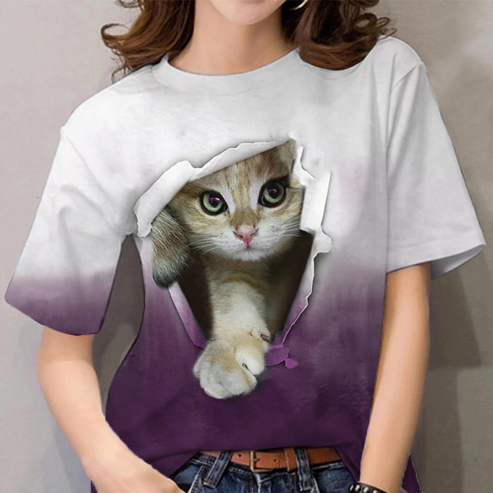 Damen Sommer Top 3D Katzen T-Shirt Rundhals Streetwear lockeres Damentop
