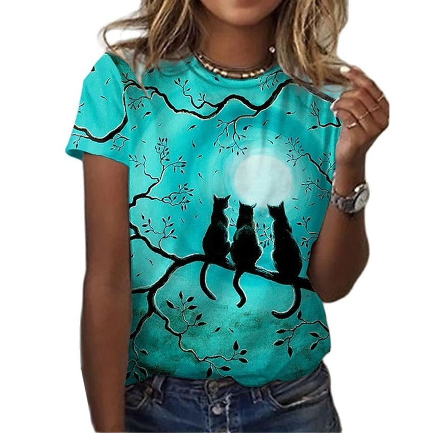 Damen Sommer Top 3D Katzen T-Shirt Rundhals  Streetwear lockeres Damentop