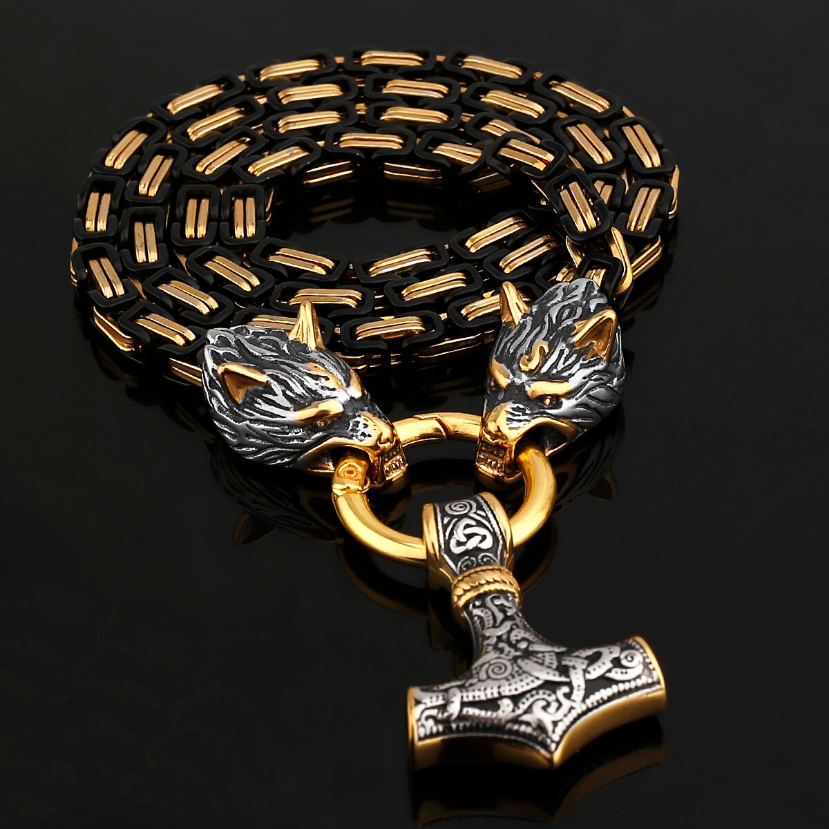 Thors Hammer Mjölnir Edelstahl Halskette Königskette schwarz gold Wikingerschmuck