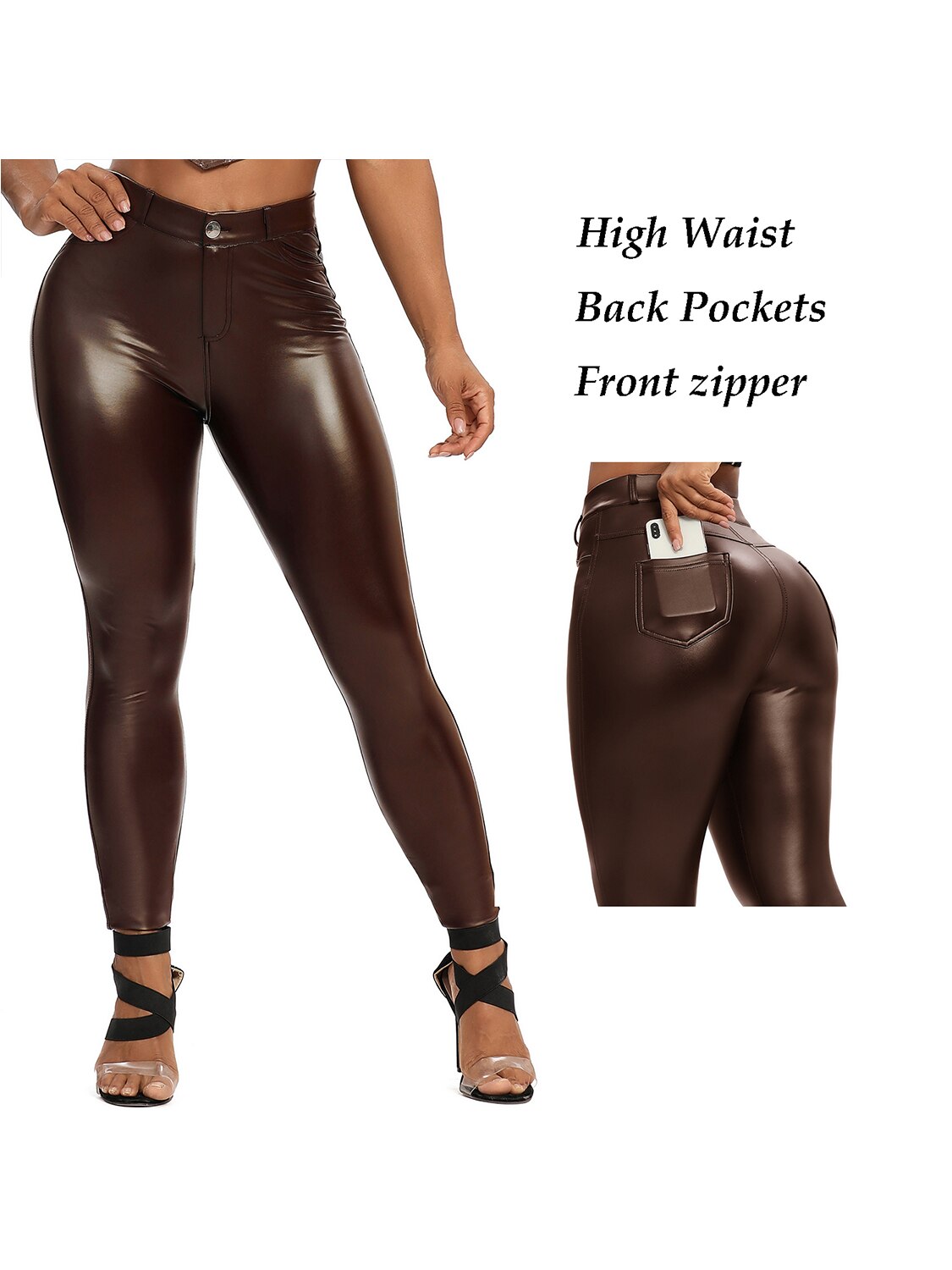 Damen Fashion Leggings Push Up Leggins Hose PU Lederhose mit Reißverschluss Sexy