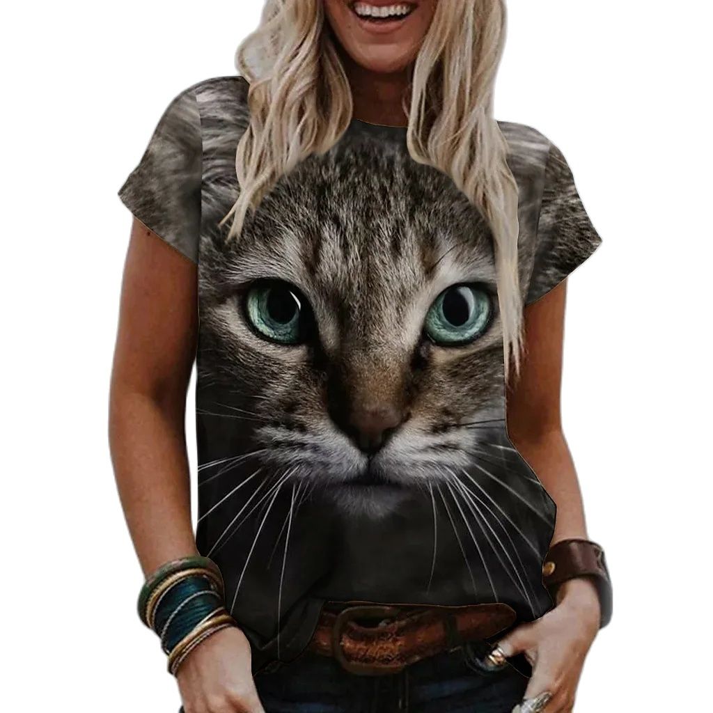 Damen Sommer Top 3D Katzen T-Shirt Rundhals Streetwear lockeres Damentop