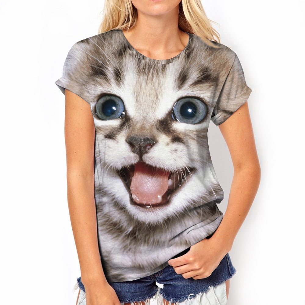 Damen Sommer Top 3D Katzen T-Shirt Rundhals Streetwear lockeres Damentop