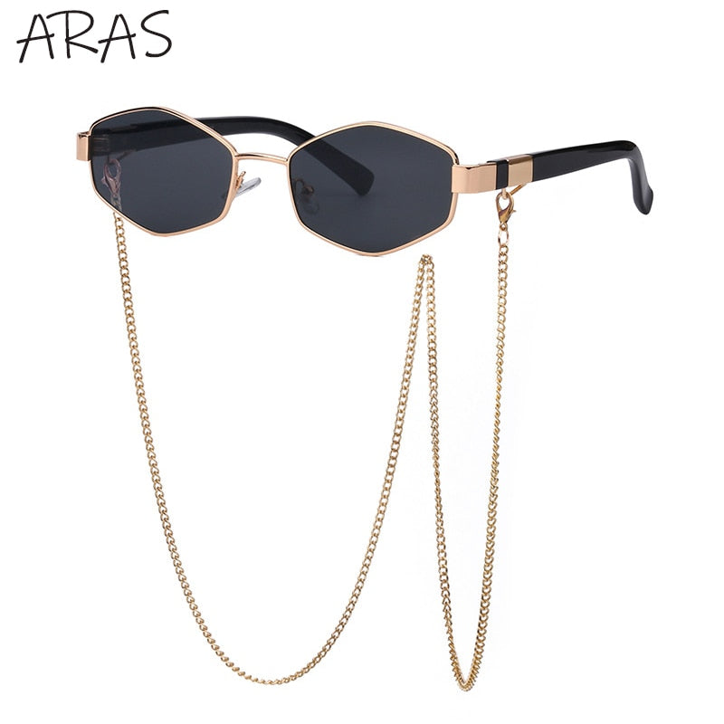 Trendy Retro Hexagon Mit Kette Damen Randlose Linse UV400