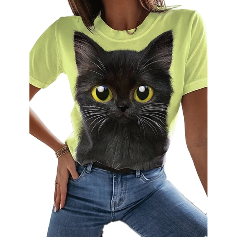 Damen Sommer Top 3D Katzen T-Shirt Rundhals  Streetwear lockeres Damentop