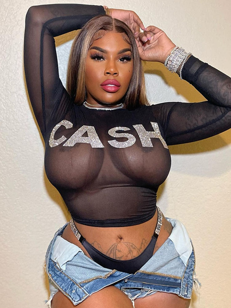 Damen Strass Cash Langarmshirt Mesh Langarm Durchsichtig Transparent Rundhals