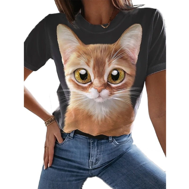 Damen Sommer Top 3D Katzen T-Shirt Rundhals  Streetwear lockeres Damentop