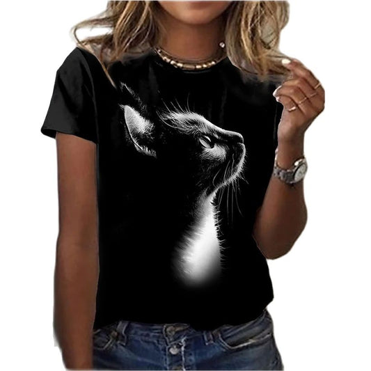 Damen Sommer Top 3D Katzen T-Shirt Rundhals  Streetwear lockeres Damentop
