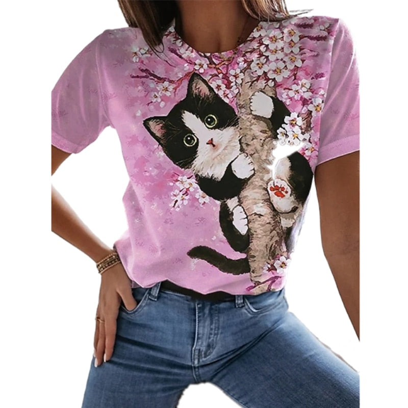 Damen Sommer Top 3D Katzen T-Shirt Rundhals  Streetwear lockeres Damentop