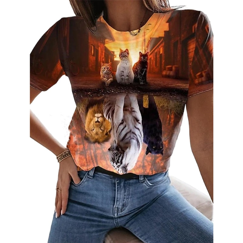 Damen Sommer Top 3D Katzen T-Shirt Rundhals  Streetwear lockeres Damentop