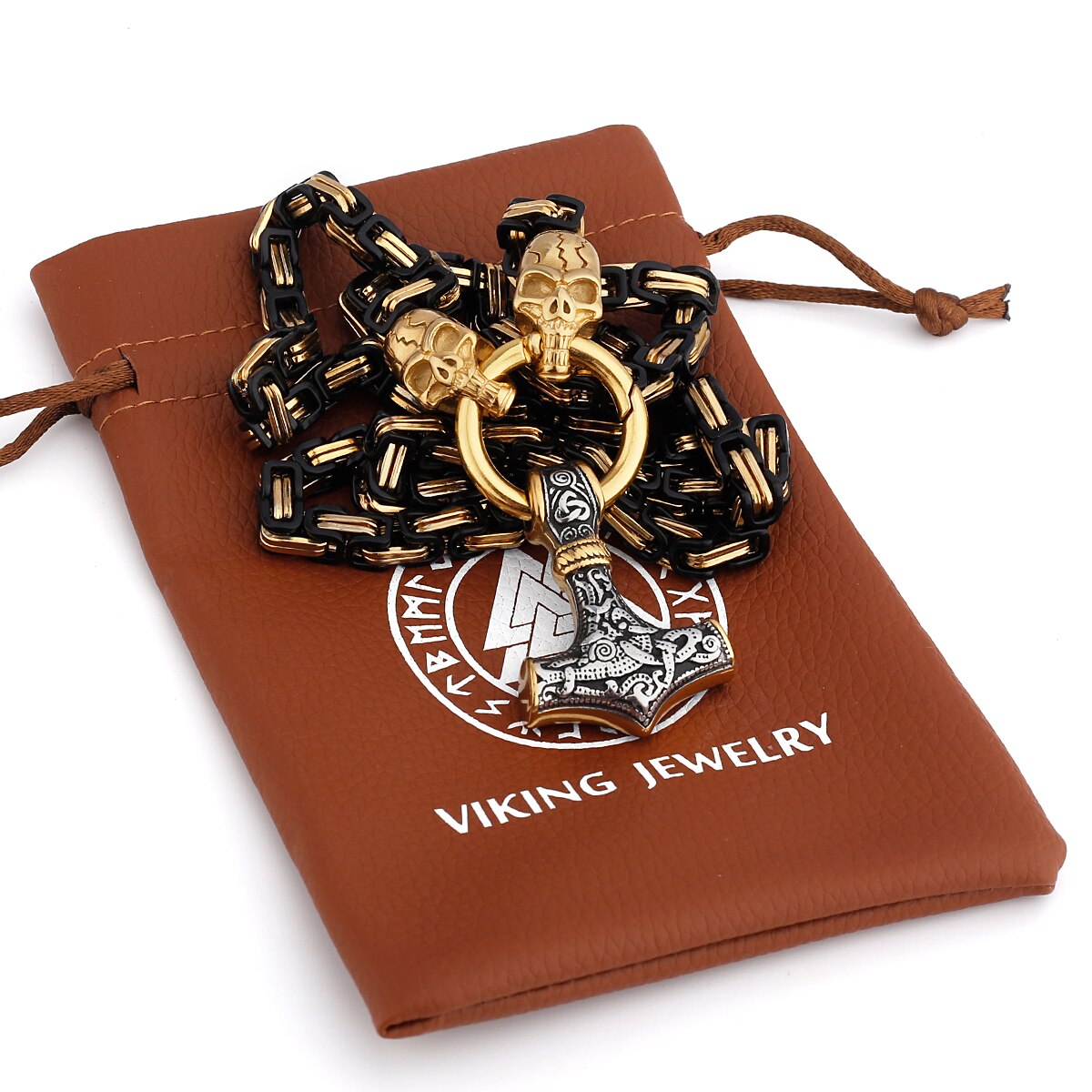 Thors Hammer Skull Edelstahl Halskette Königskette schwarz gold Wikingerschmuck