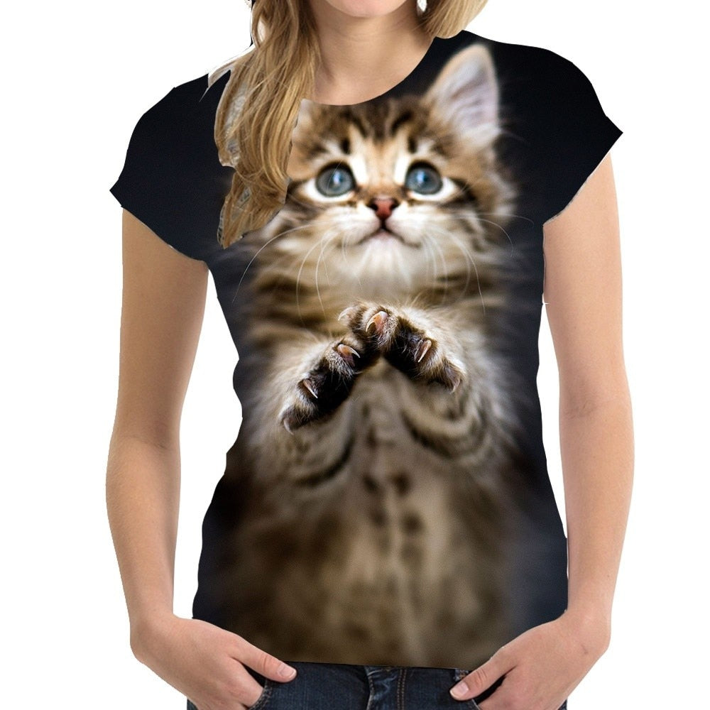 Damen Sommer Top 3D Katzen T-Shirt Rundhals Streetwear lockeres Damentop