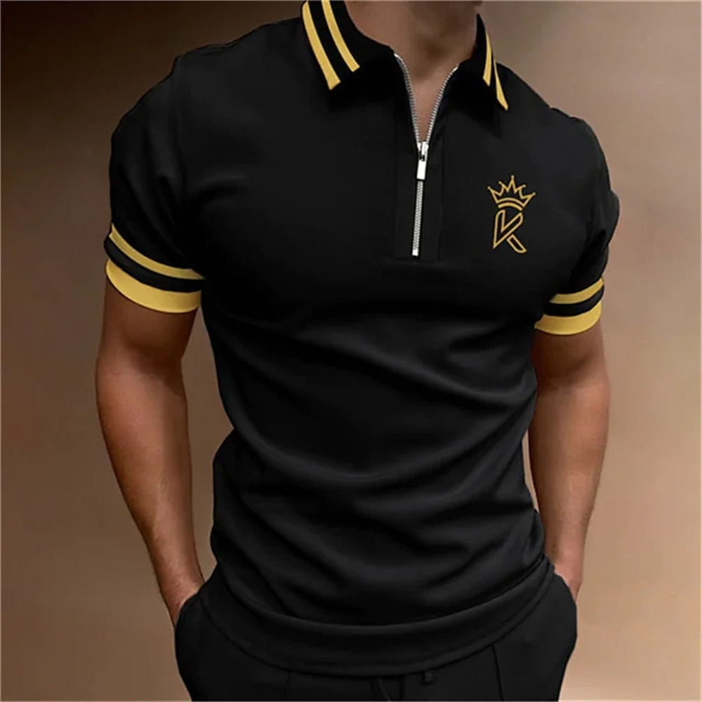 Herren Poloshirt POLO Shirt Zip Kontrast Kragen Kurzarm Slim Fit Hemd Polohemd