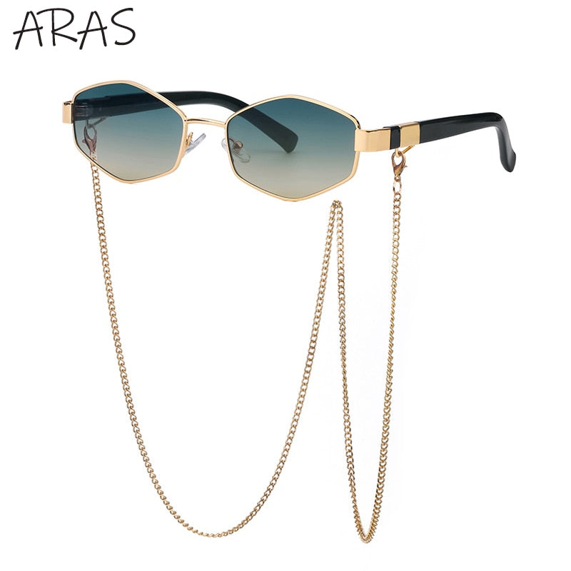 Trendy Retro Hexagon Mit Kette Damen Randlose Linse UV400