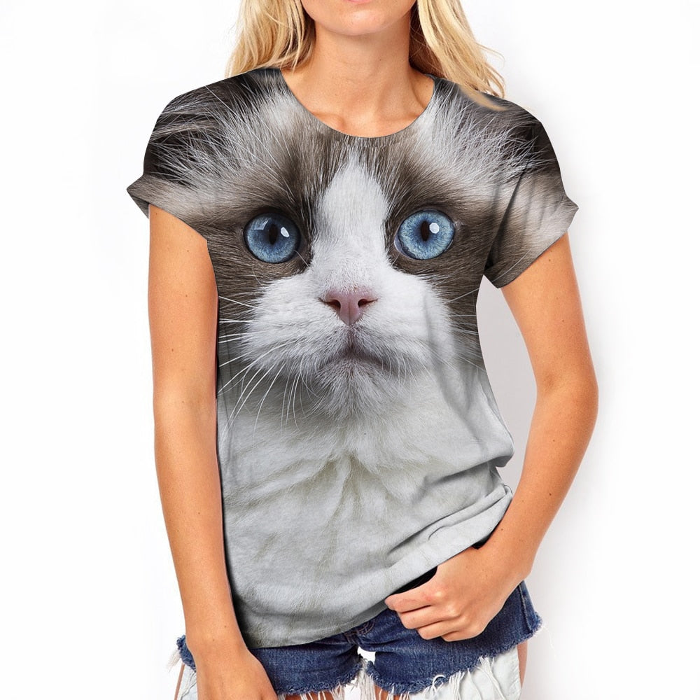 Damen Sommer Top 3D Katzen T-Shirt Rundhals Streetwear lockeres Damentop