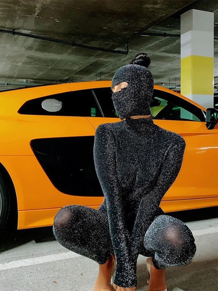 Sexy Damen Bodycon Jumpsuit mit Kapuze Bodysuit Hohl Romper Bodys Overall