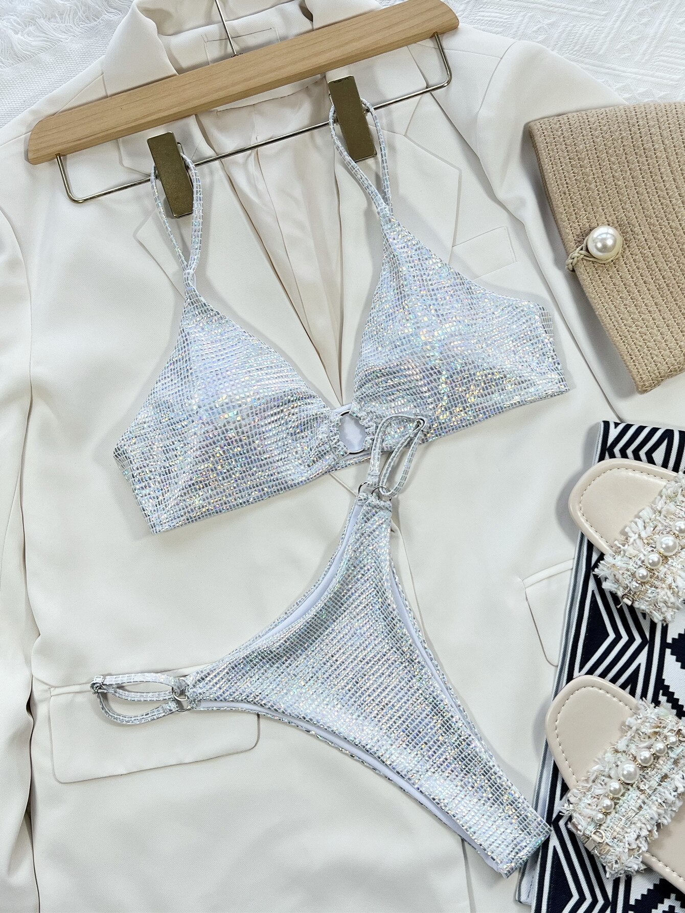 Glänzend Bling High Cut Bikini Set Sexy Push Up Badeanzug Damen Pailletten Tanga