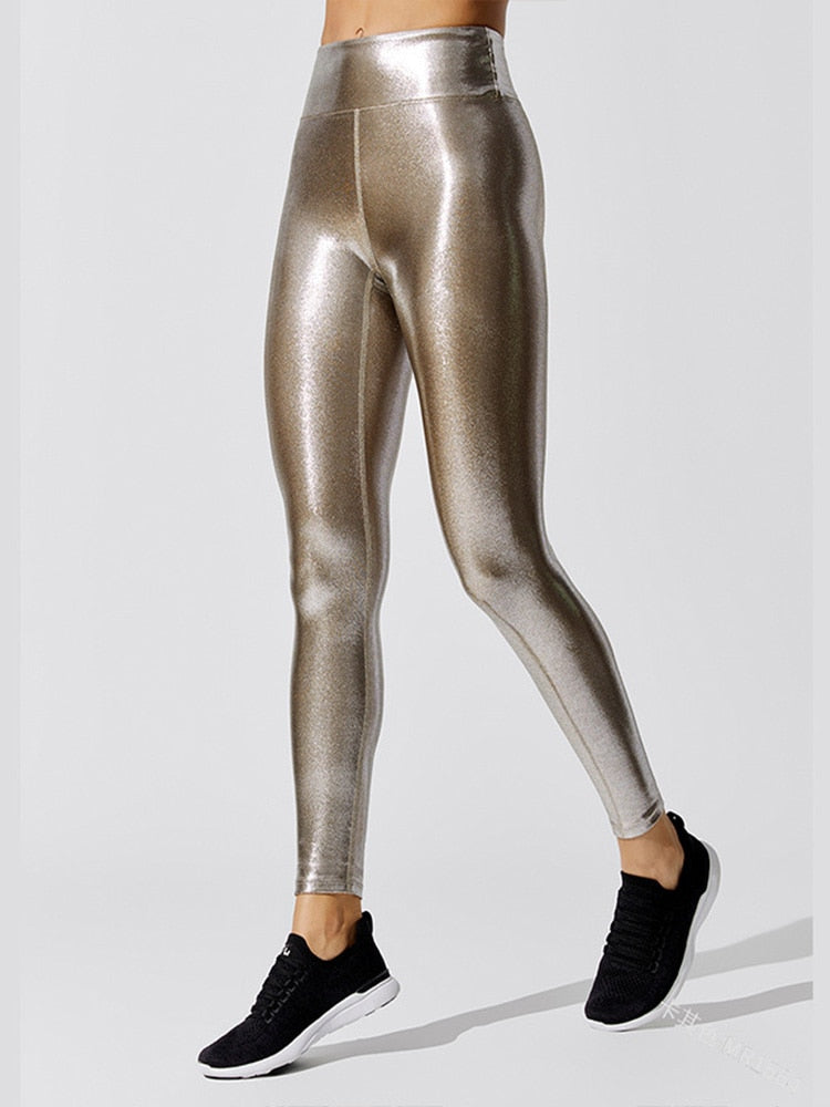 Fitness Leggings Hohe Taille Push-Up Damen Glänzende Nahtlose Hose