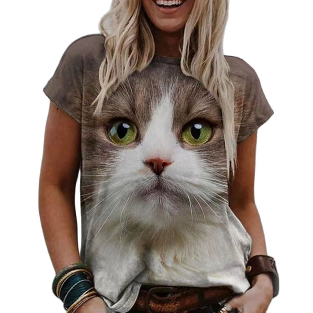 Damen Sommer Top 3D Katzen T-Shirt Rundhals Streetwear lockeres Damentop