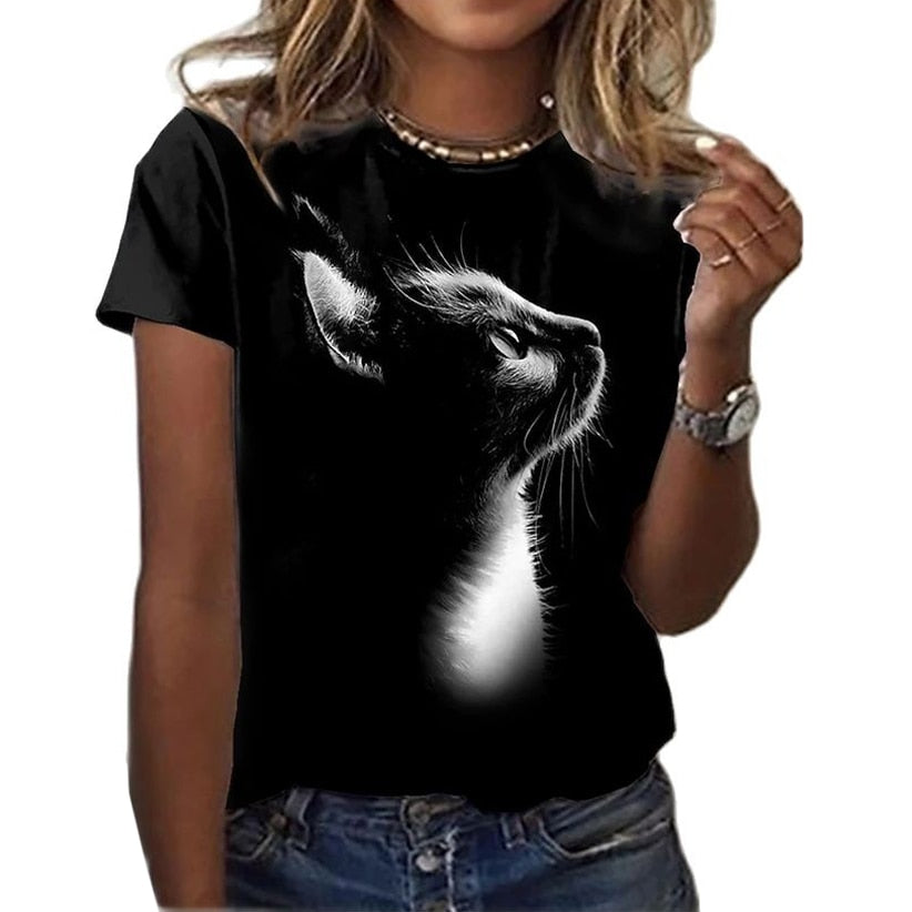 Damen Sommer Top 3D Katzen T-Shirt Rundhals  Streetwear lockeres Damentop
