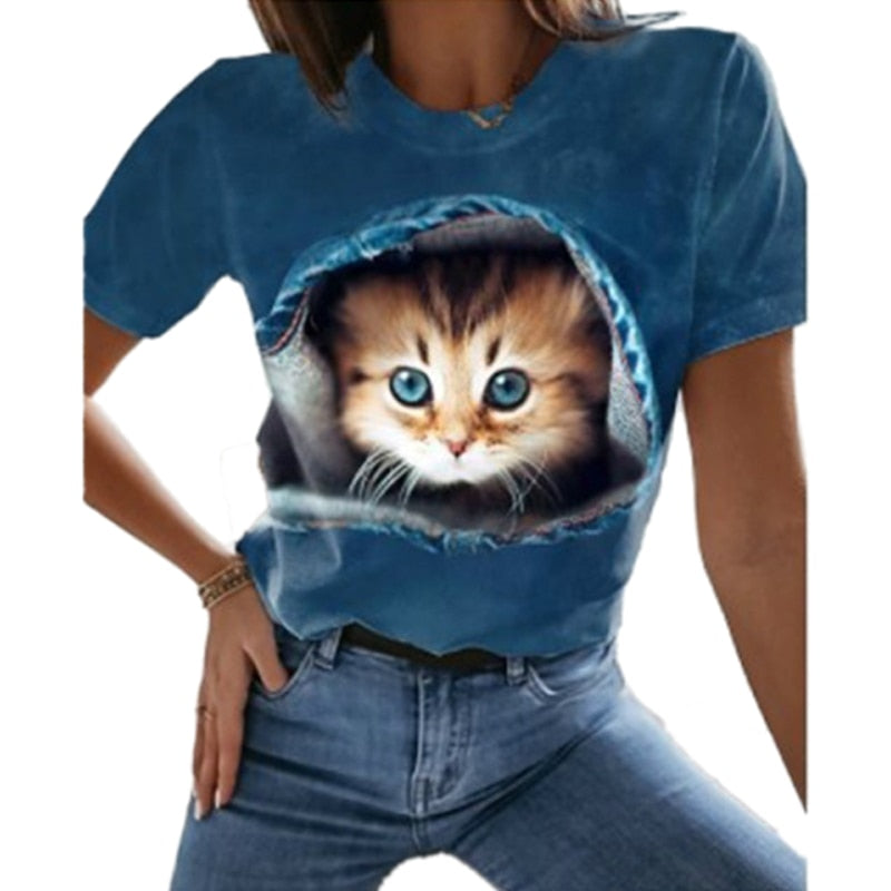 Damen Sommer Top 3D Katzen T-Shirt Rundhals  Streetwear lockeres Damentop