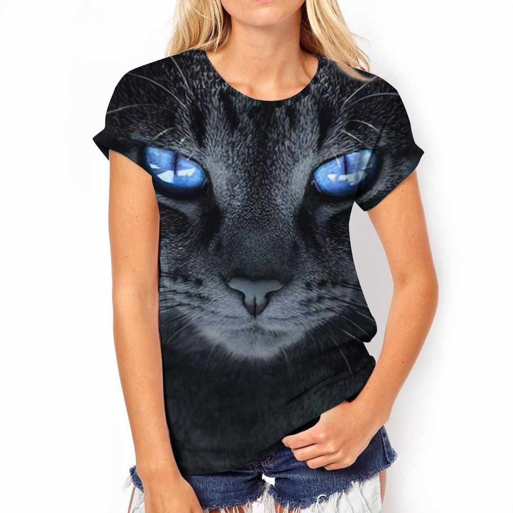 Damen Sommer Top 3D Katzen T-Shirt Rundhals Streetwear lockeres Damentop