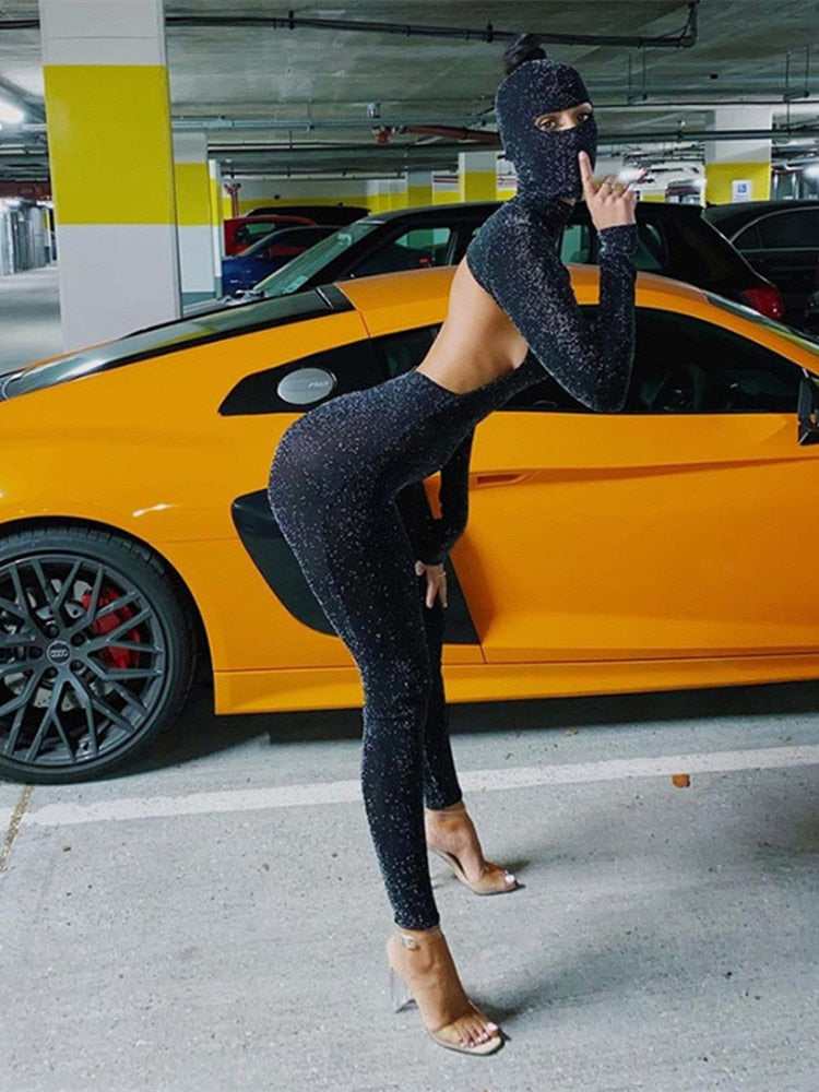 Sexy Damen Bodycon Jumpsuit mit Kapuze Bodysuit Hohl Romper Bodys Overall