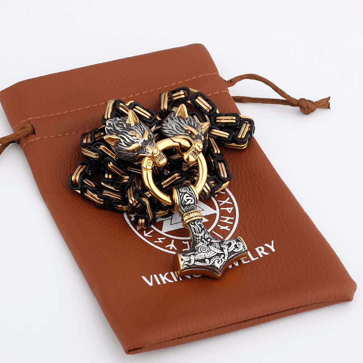 Thors Hammer Mjölnir Edelstahl Halskette Königskette schwarz gold Wikingerschmuck