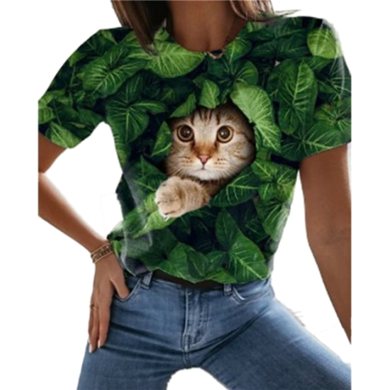 Damen Sommer Top 3D Katzen T-Shirt Rundhals  Streetwear lockeres Damentop