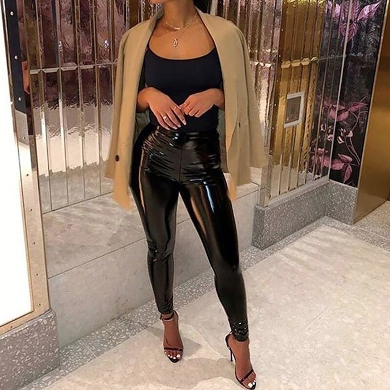 Sexy frauen Leggings Leggins Lang Hose Leder Optik Nachtclub Sexy Hohe Elastizität