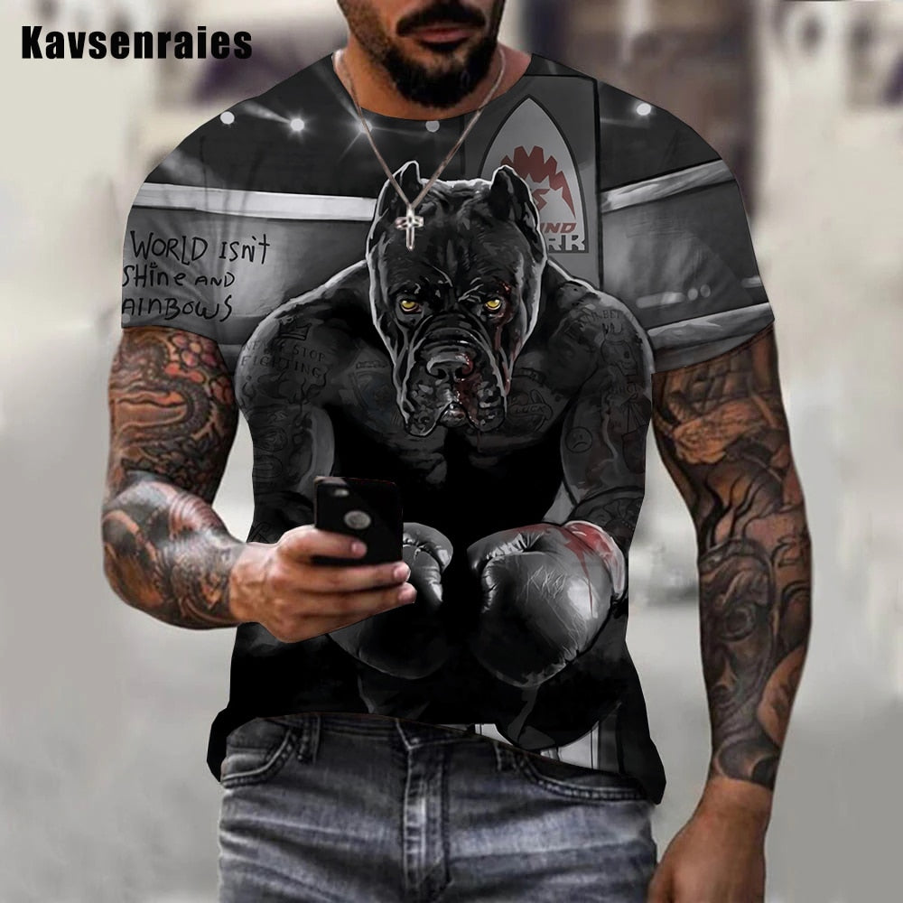Fashion Herren Boxing Dog 3D T-Shirt Rundhals Unisex Men Fight Club Streetwear