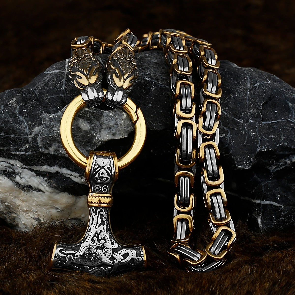 Thors Hammer Mjölnir Edelstahl Halskette Königskette silber gold Wikingerschmuck