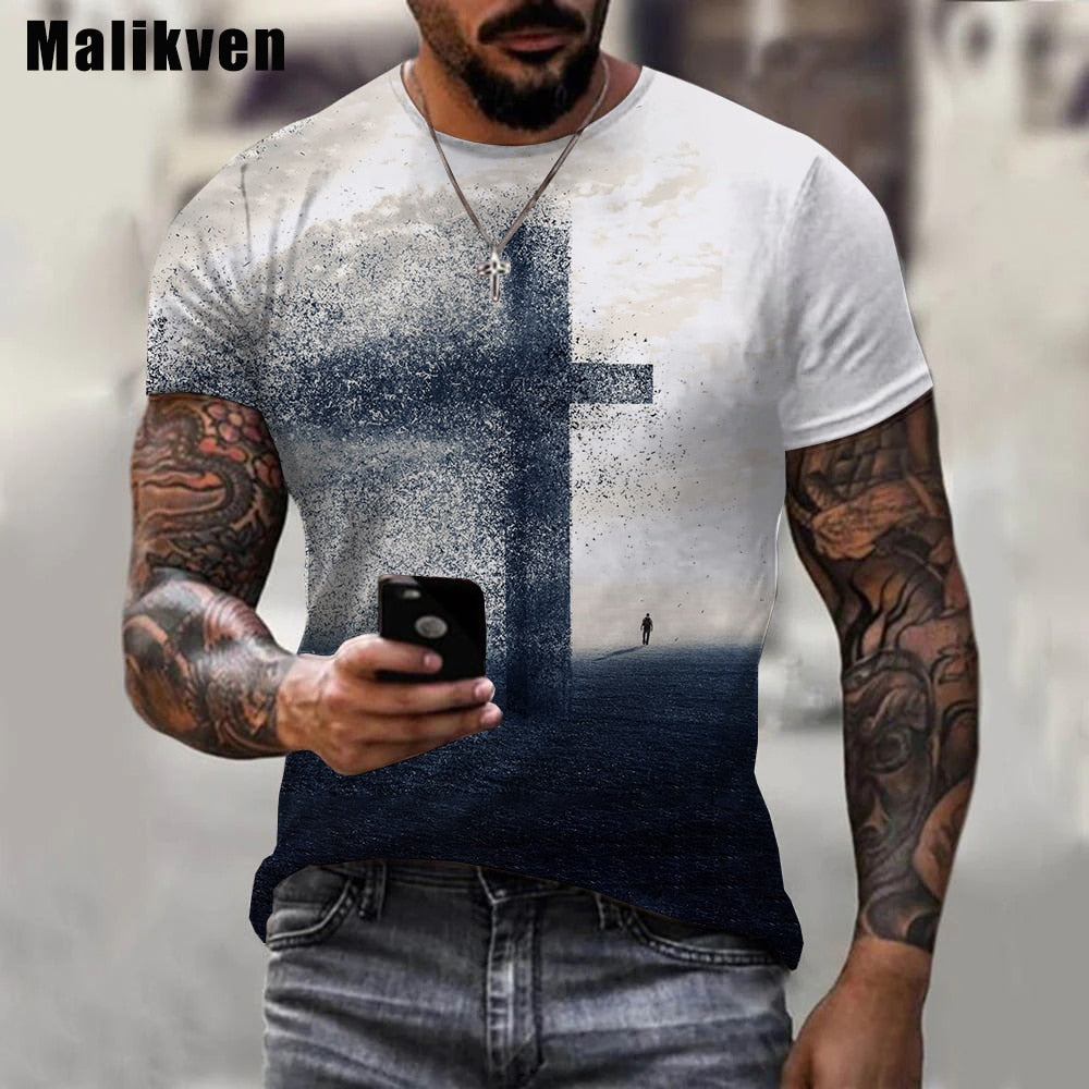 Herren Jesus Christus Kreuz 3D T-Shirt Rundhals Unisex Sommer Streetwear