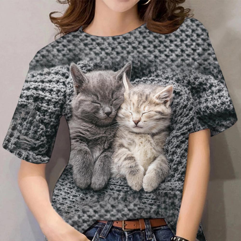 Damen Sommer Top 3D Katzen T-Shirt Rundhals Streetwear lockeres Damentop