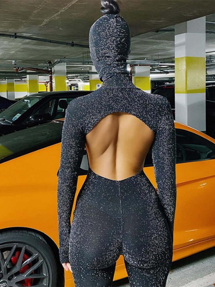 Sexy Damen Bodycon Jumpsuit mit Kapuze Bodysuit Hohl Romper Bodys Overall