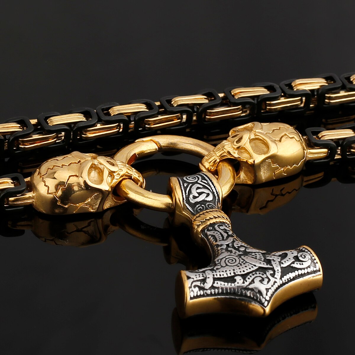 Thors Hammer Skull Edelstahl Halskette Königskette schwarz gold Wikingerschmuck