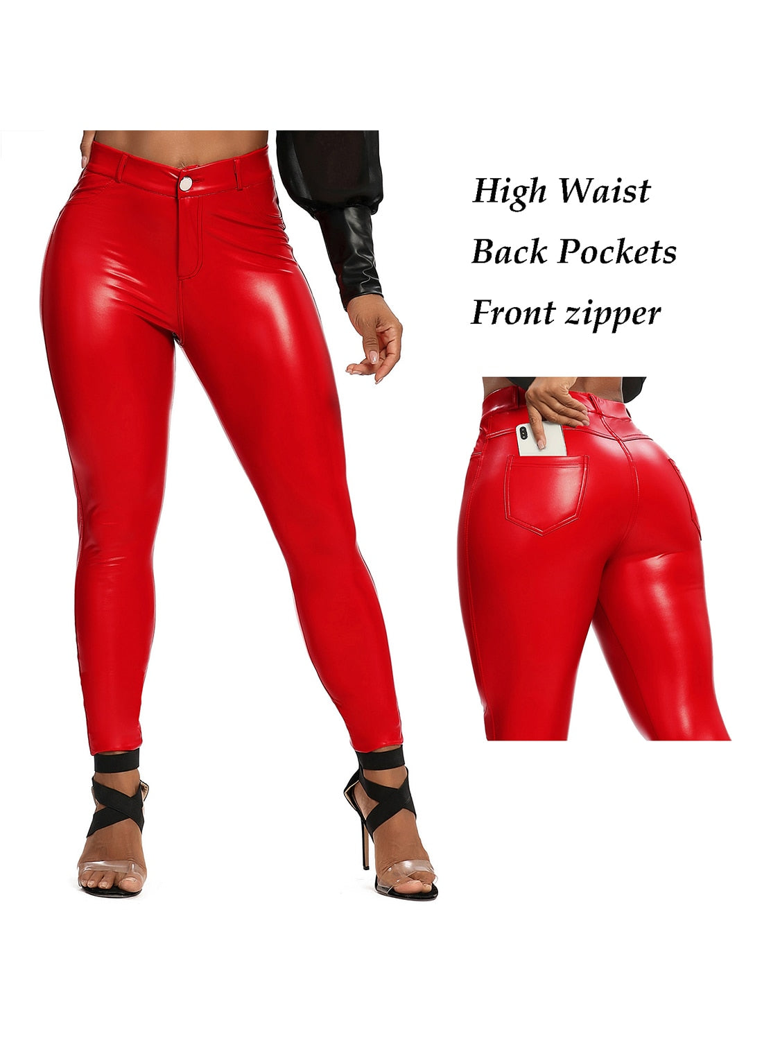 Damen Fashion Leggings Push Up Leggins Hose PU Lederhose mit Reißverschluss Sexy