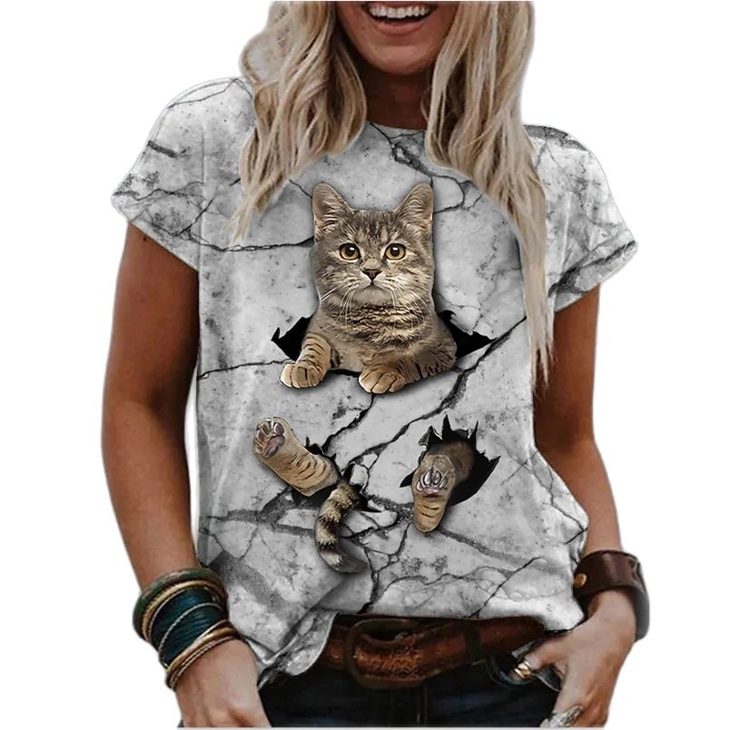 Damen Sommer Top 3D Katzen T-Shirt Rundhals  Streetwear lockeres Damentop