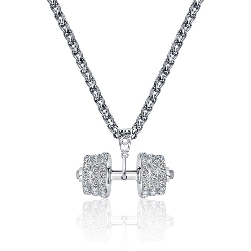 Halskette Anhänger Strass Edelstahl Hantel Scheibe Gewicht Fitness Gym Bodybuilding Schmuck