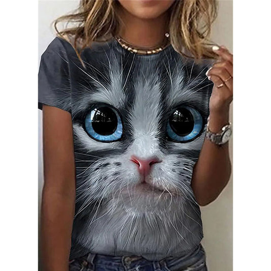 Damen Sommer Top 3D Katzen T-Shirt Rundhals Streetwear lockeres Damentop