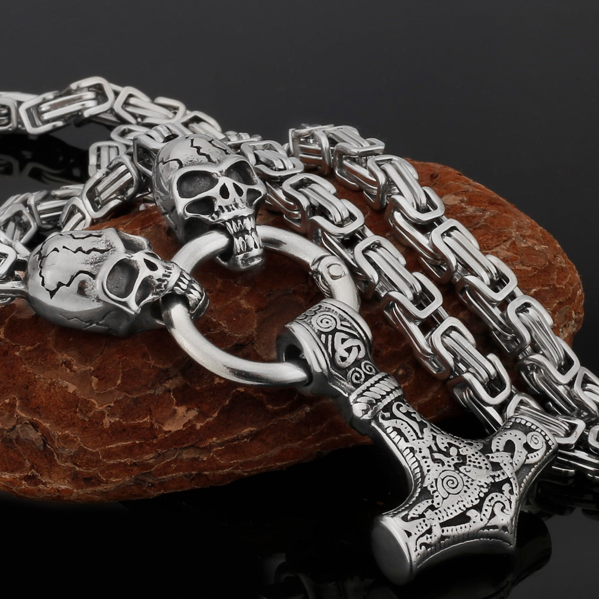 Thors Hammer Skull Edelstahl Halskette Königskette schwarz gold Wikingerschmuck