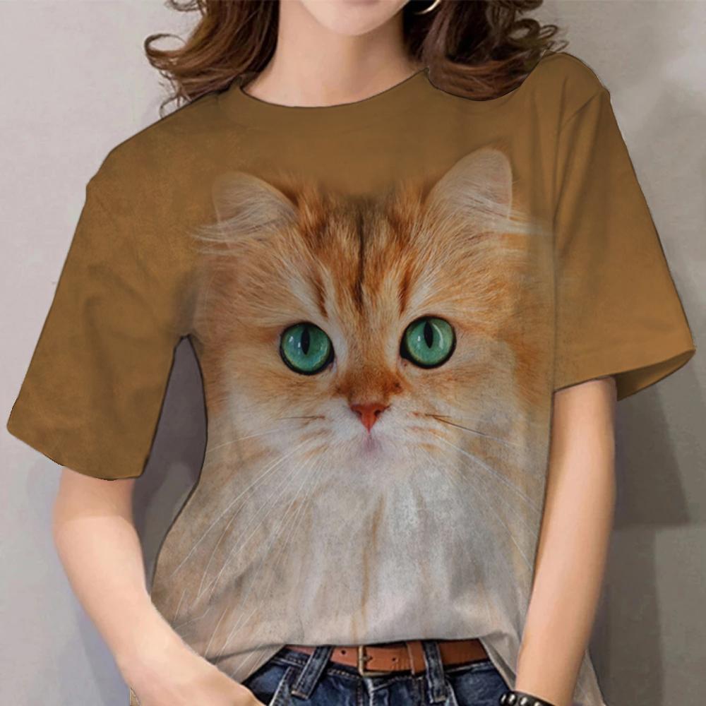 Damen Sommer Top 3D Katzen T-Shirt Rundhals Streetwear lockeres Damentop