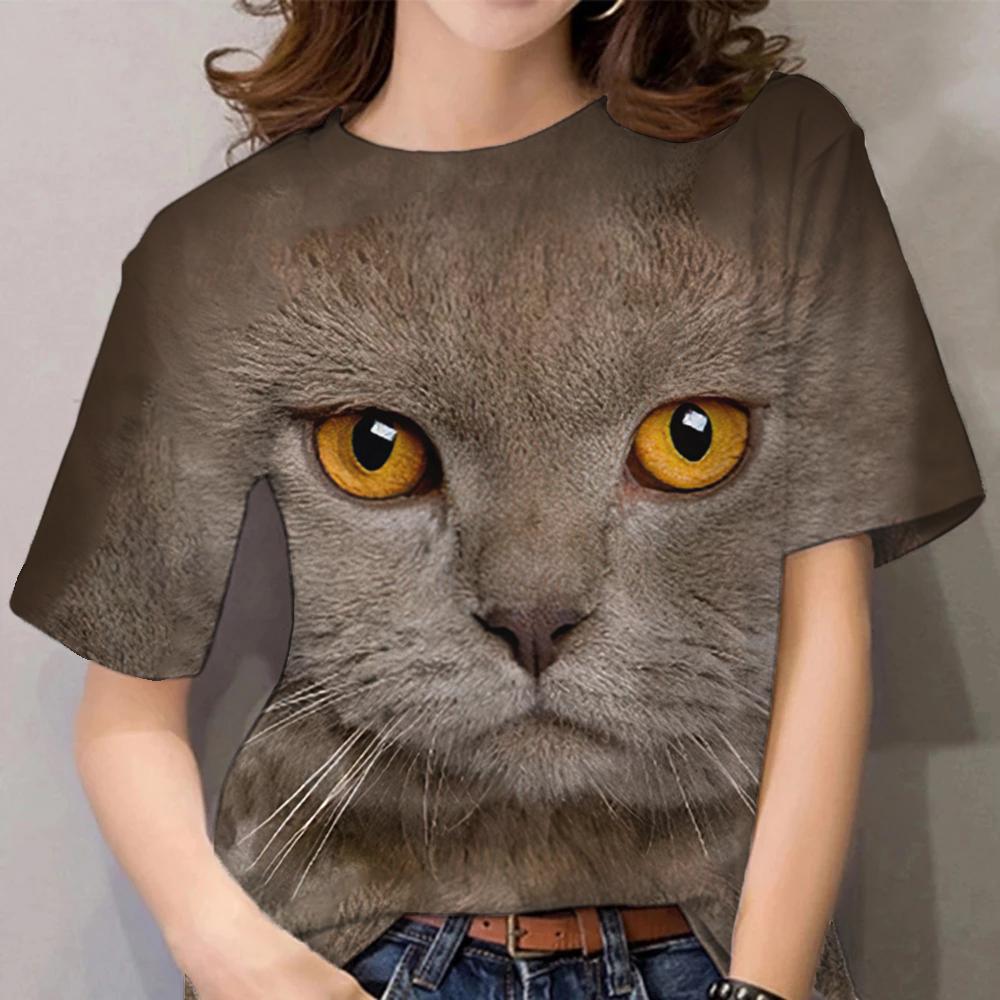 Damen Sommer Top 3D Katzen T-Shirt Rundhals Streetwear lockeres Damentop