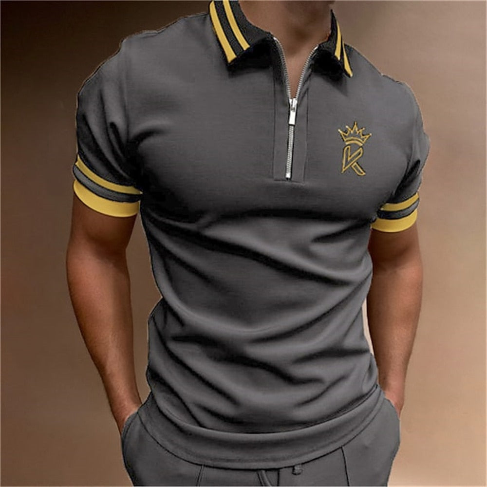 Herren Poloshirt POLO Shirt Zip Kontrast Kragen Kurzarm Slim Fit Hemd Polohemd
